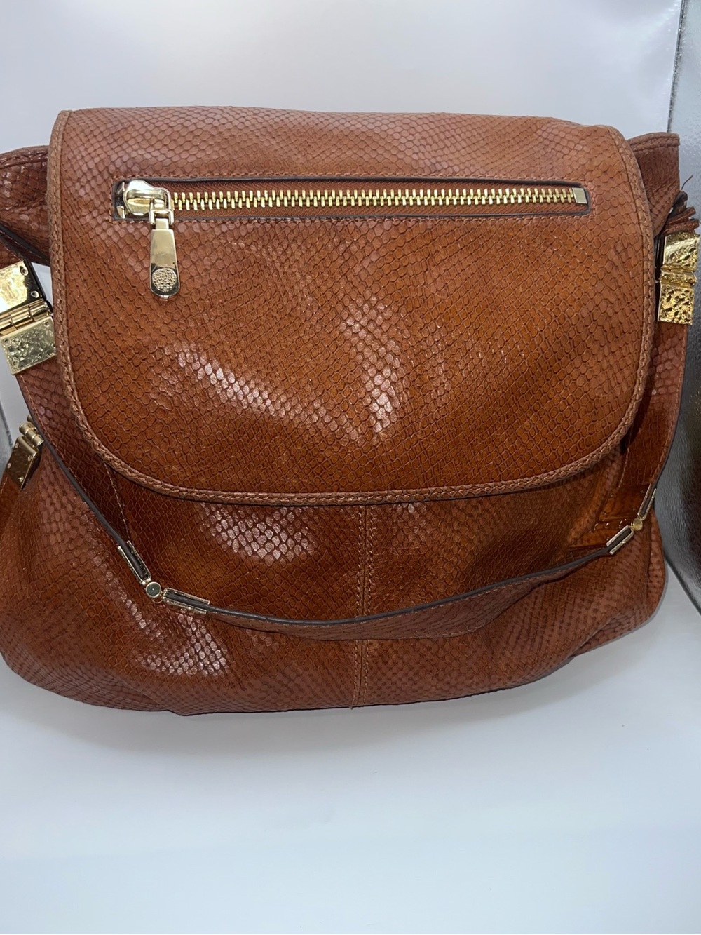 Vince Camuto Cognac Textured Leather Shoulder Bag with Gold Hardware